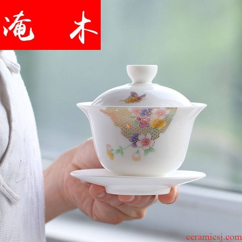 Flooded the wooden hand paint white porcelain tureen blue three cups to make tea bowl large jade porcelain kung fu tea set