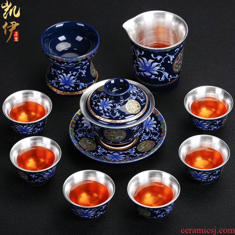 Silver colored enamel 999 coppering. As kung fu tea set gift box package sample tea cup of jingdezhen ceramic tea cup Silver cup home