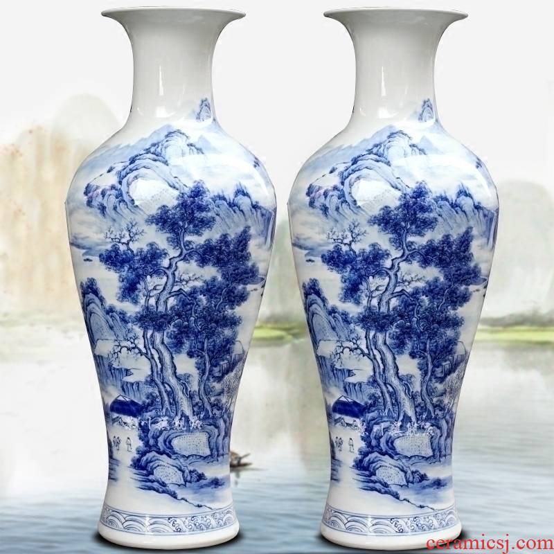 Jingdezhen blue and white porcelain is hand - made scenery khe sanh fishing implicit ceramic floor big vase home sitting room adornment is placed