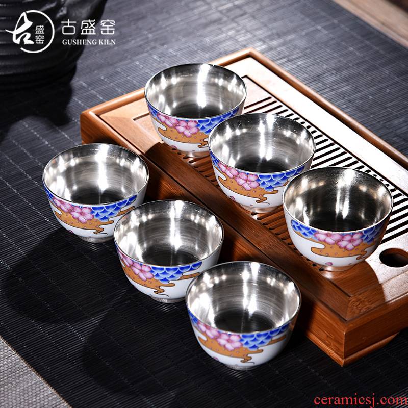 Ancient sheng up new elegant tasted silver gilding suet jade porcelain teacup small sample tea cup masters cup personal single fullness