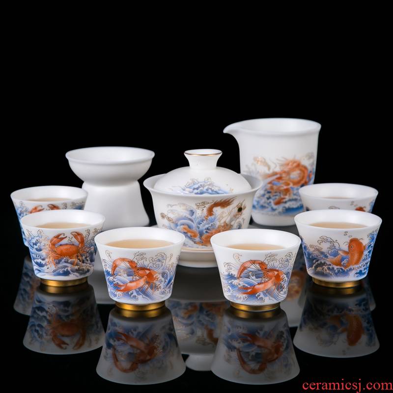 Jingdezhen suet jade white porcelain small sets of kung fu tea set home sitting room ceramic cups tureen tea