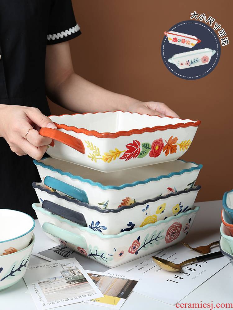 Square ears paella heat - resistant ceramic bowl household dinner plate oven dedicated creative new tableware