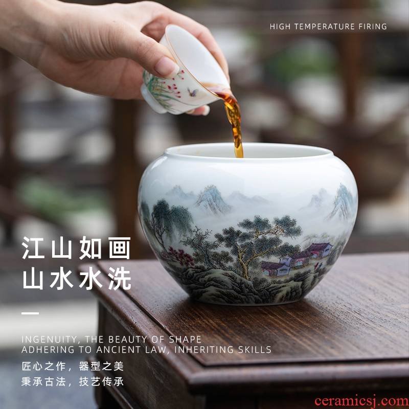 Wash to jiangshan picturesque landscape of jingdezhen ceramic tea kungfu tea accessories large pure manual painting