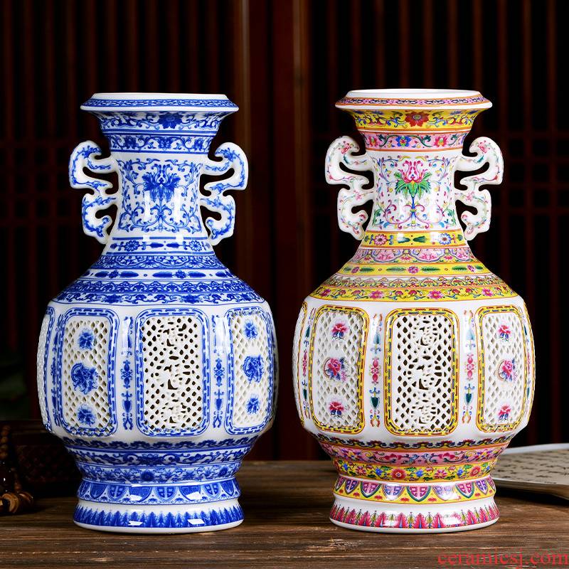 Jingdezhen ceramics creative hollow out the ear vase of new Chinese style household porcelain of flower arrangement sitting room adornment is placed