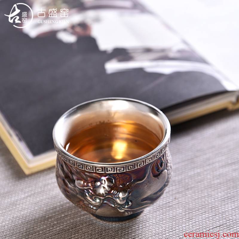 Ancient sheng up coppering. As old silver inlaid with silver TaoCiZhi silver sample tea cup master dragon cup single CPU no personal cup bowl silver light