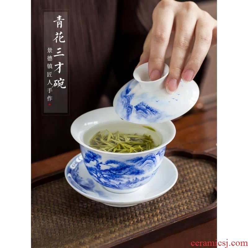 The Poly real scene of jingdezhen porcelain kung fu tureen hand size blue and white porcelain ceramic tea set three cups to tea