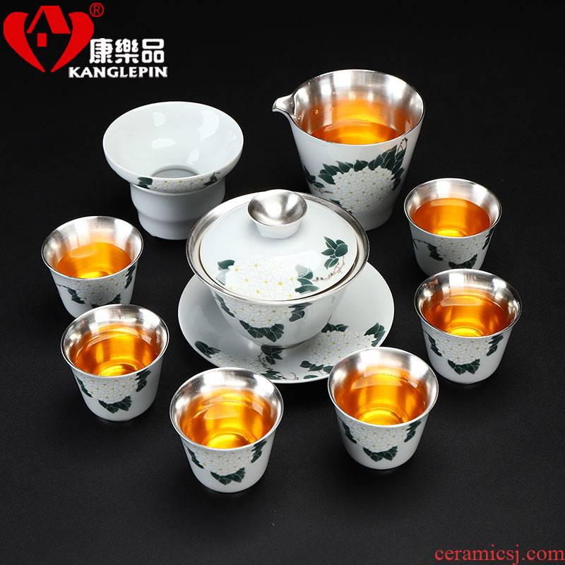 Recreational product kung fu tea set home office coppering. As gold silver 999 white porcelain tureen. A complete set of tea cups