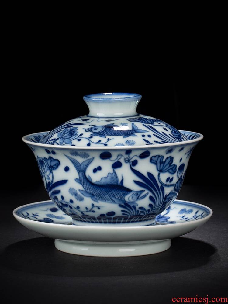 Jingdezhen blue and white only maintain three hand - made tureen tureen single cups of tea tureen algal lines make tea firewood fish bowl