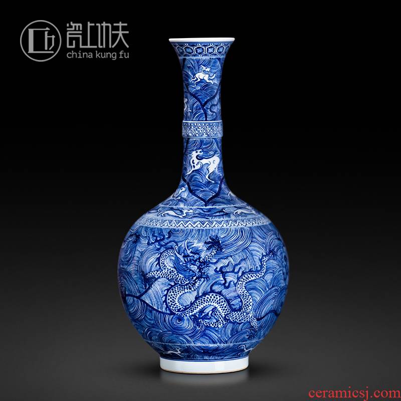 Jingdezhen blue and white porcelain ceramic vase dragon bottle furnishing articles imitation antique handicraft collection of new Chinese style living room