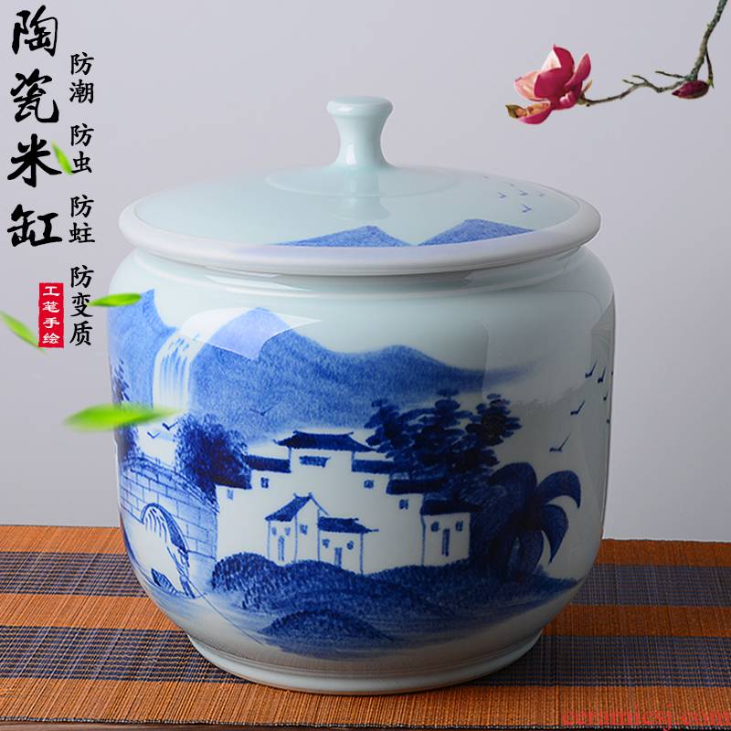 Jingdezhen hand - made ceramic ricer box 20 jins the loaded with cover barrel moistureproof insect - resistant flour barrels of kitchen household storage tank