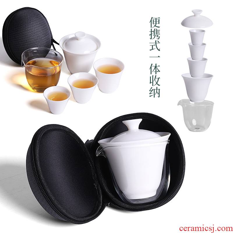 The Custom logo white porcelain cup travel tea set suit portable package to crack a pot of 2 cup three is suing travel