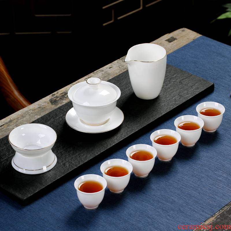 The Poly real scene suet jade kung fu tea set household custom sitting room office receive a visitor dehua white porcelain tureen tea cups