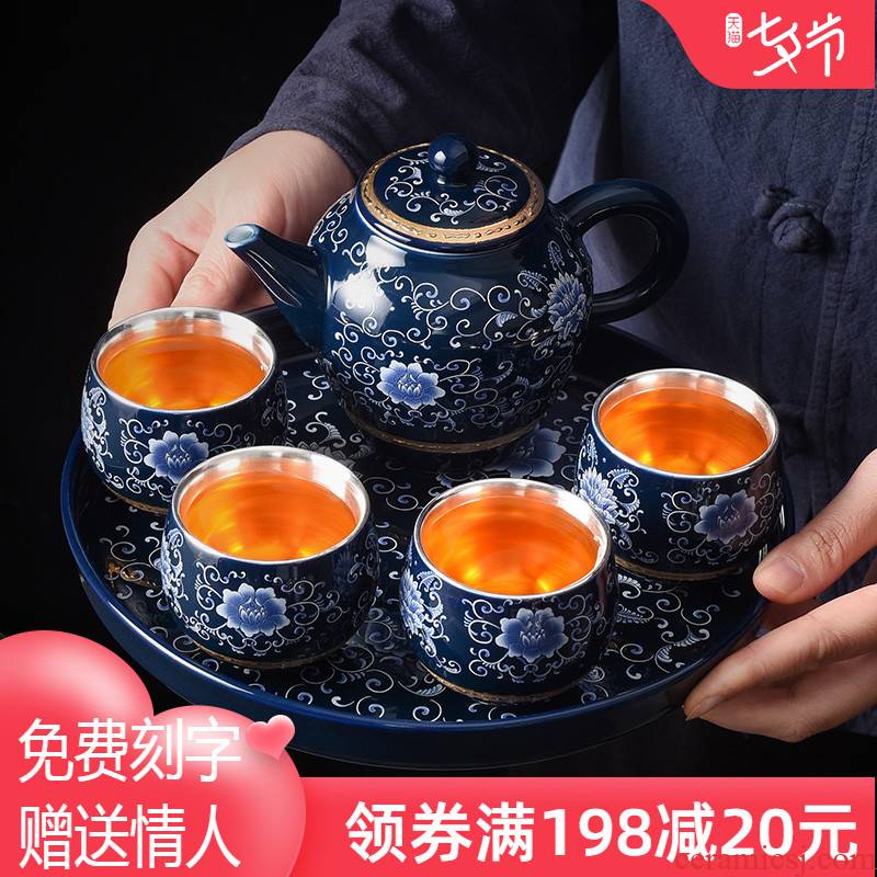 Jingdezhen household kung fu tea tea set tea service office to receive a visitor a small set of pot of four cups coppering. As silver tea set