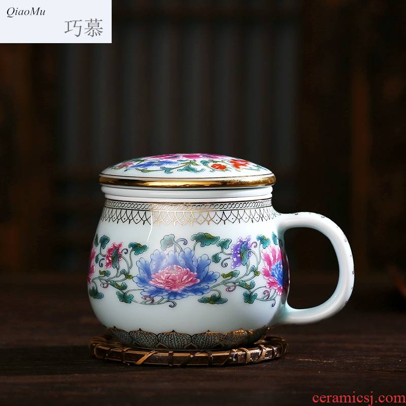Qiao mu gold coloured drawing or pattern longquan celadon teacup with cover cup ceramic filter glass office tea cup