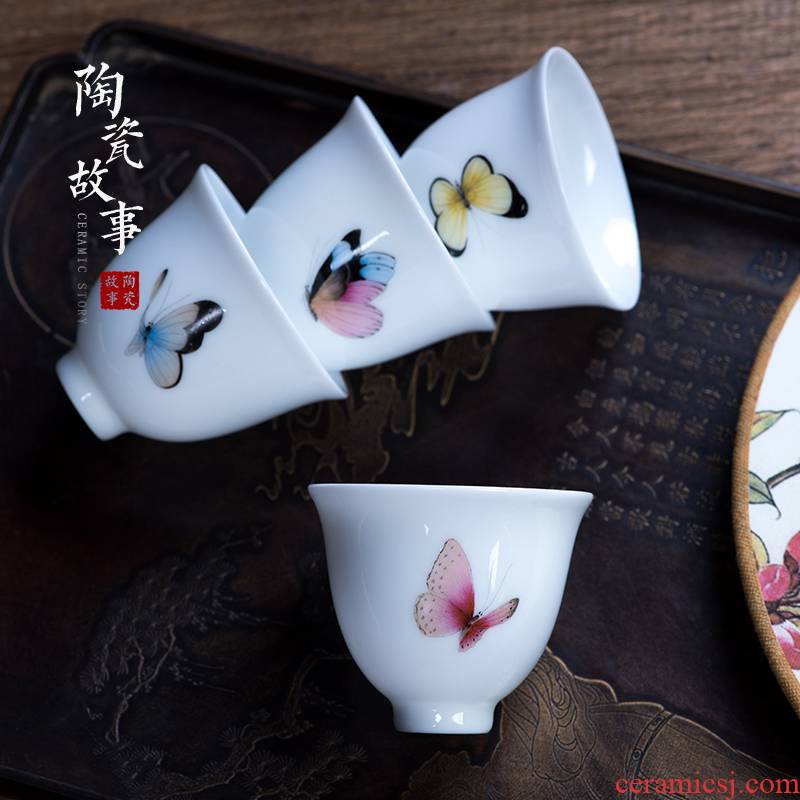 Hand - made ceramic story enamel butterfly sample tea cup kung fu tea cups white porcelain masters cup