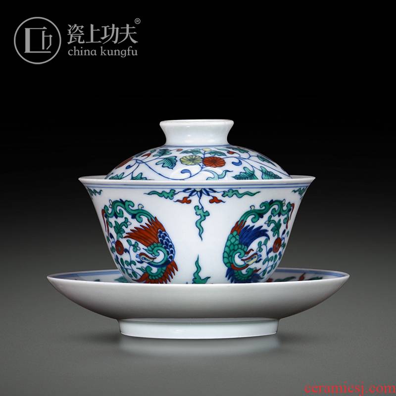 Jingdezhen ceramic tureen tea bucket CaiTuan chicken wear branch lines to use hand - made kung fu tea tureen large three
