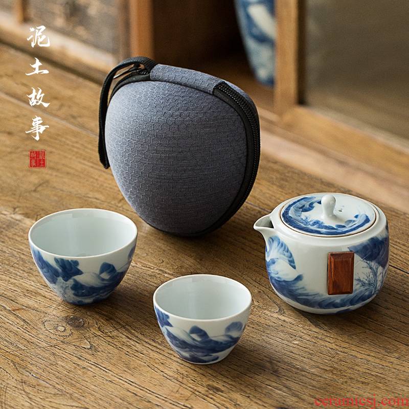 Jingdezhen porcelain hand - made crack cup a pot of 2 cups of individual travel office portable set of ceramic kung fu tea set