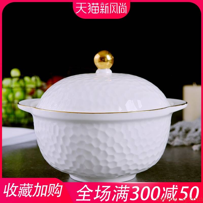 Creative household Jin Bianshuang ear hot soup pot with a lid embossing ipads porcelain soup basin of continental large - sized ceramic bowl