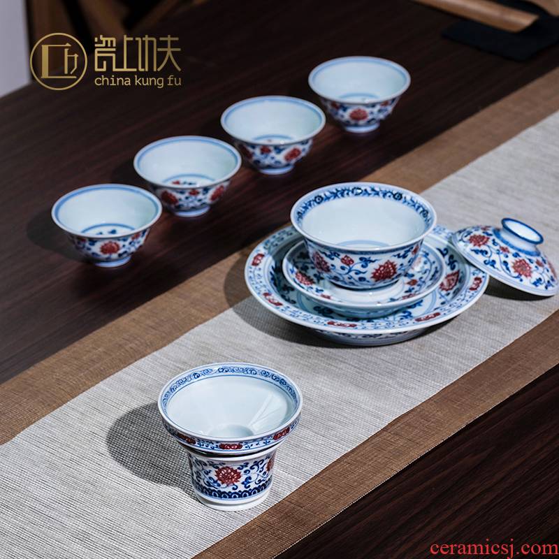 Jingdezhen tureen suit) make tea cup bowl is pure blue and white youligong hand - made ceramic tea set kunfu tea