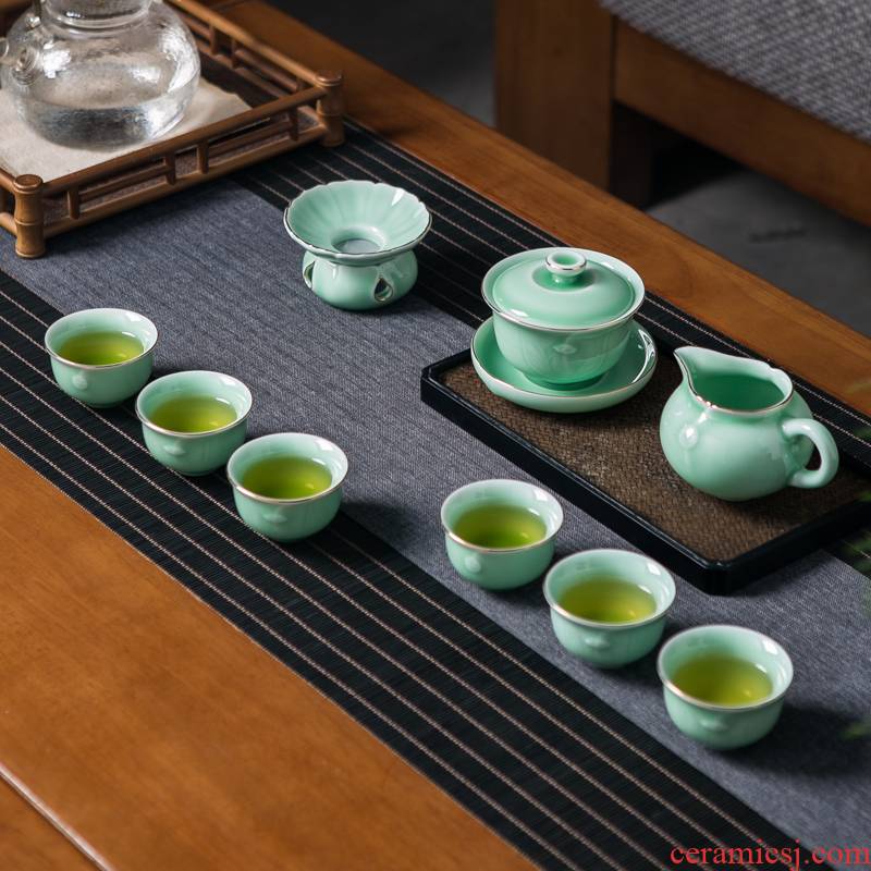 Jingdezhen ceramic film celadon kung fu tea set suit household contracted sitting room of a complete set of paint tureen tea