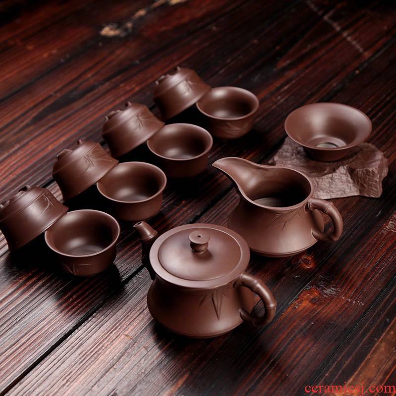Violet arenaceous yixing kung fu tea set 6 cups home tea teapot, modern Chinese suit simple move