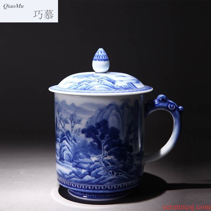Qiao mu ceramic kung fu tea cups jingdezhen blue and white painting landscape hand - made office cup sample tea cup with cover cups