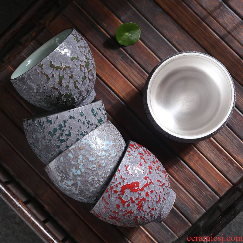 999 sterling silver master cup silver cup bladder ceramic sample tea cup single cup of tea with silver, pure manual kung fu tea bowls