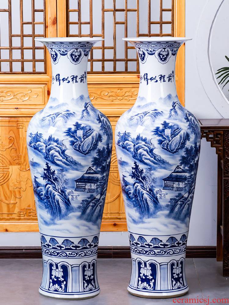Jingdezhen ceramic hand - made large blue and white porcelain vase landscape painting Chinese style hotel furnishing articles to heavy large living room