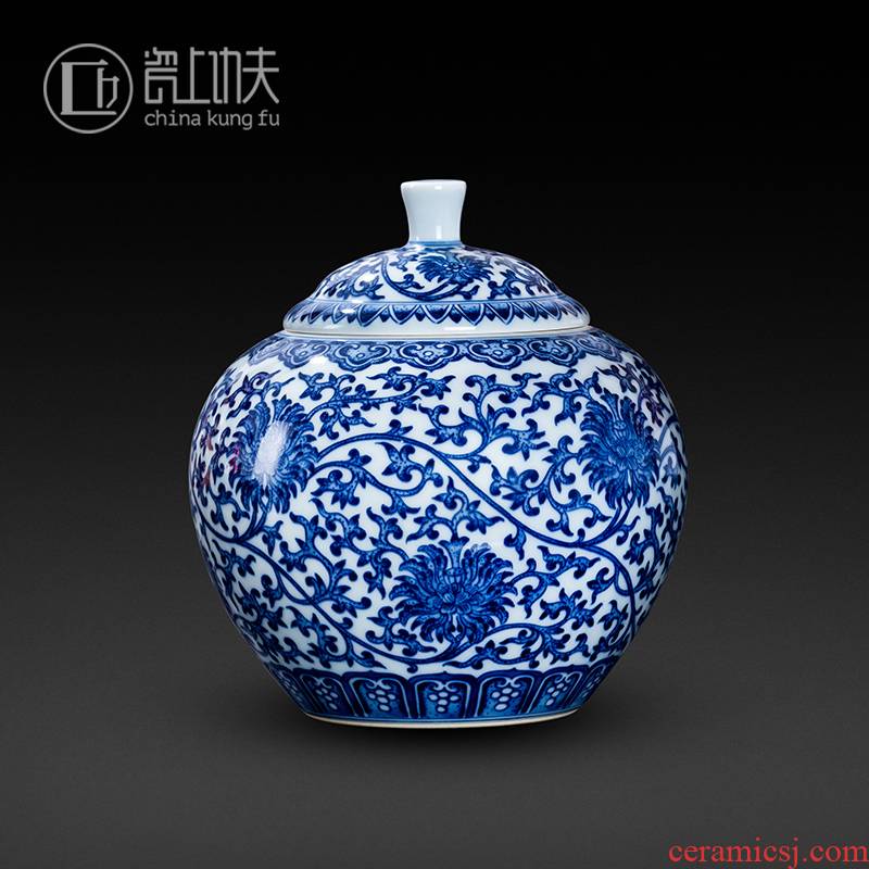 Jingdezhen ceramic tea cover pot of blue and white tie up branch lotus hand - made Chinese style household seal pot large tea storage tanks