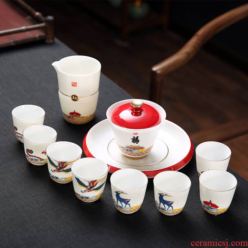 The Poly real scene dehua suet jade white porcelain kung fu tea set home office of the Forbidden City, wen gen high - end gift set
