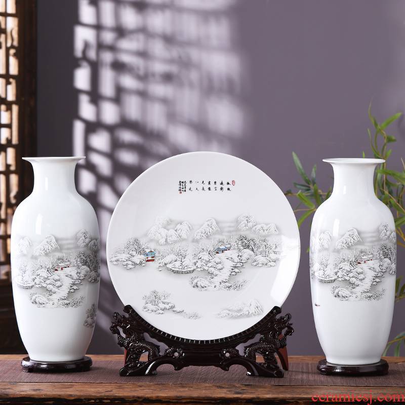 Jingdezhen porcelain ceramic three - piece large vases, flower arranging place, Chinese style household living room TV cabinet decoration