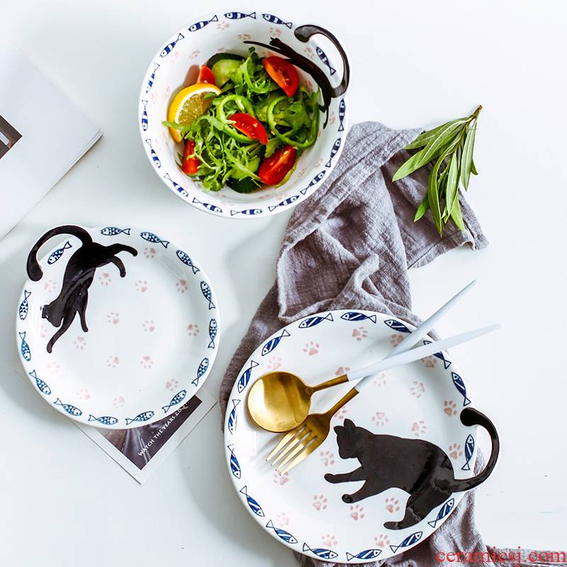 Express cartoon cat ceramic bowl suit creative home four people contracted Japanese dishes dishes chopsticks tableware portfolio
