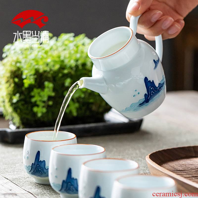 Jingdezhen landscape hand - made tea set of household ceramic tea tureen Chinese kung fu tea cup high - grade office
