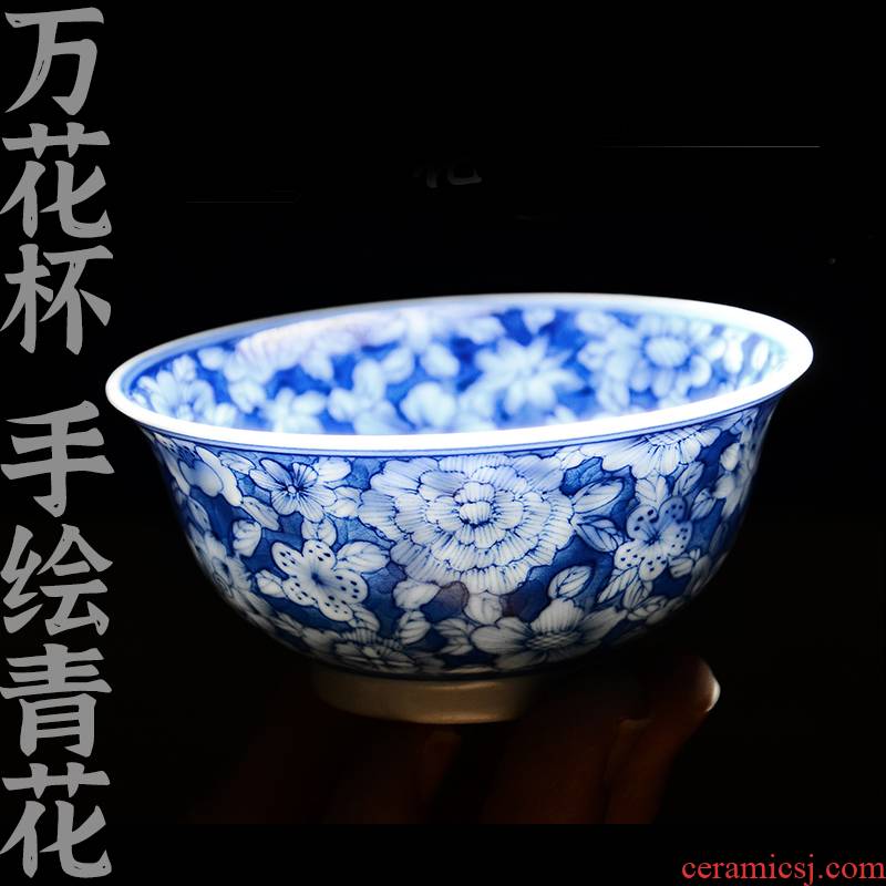 24 is hand draw blue and white porcelain teacup manual kung fu tea master single CPU jingdezhen ceramic cups of tea