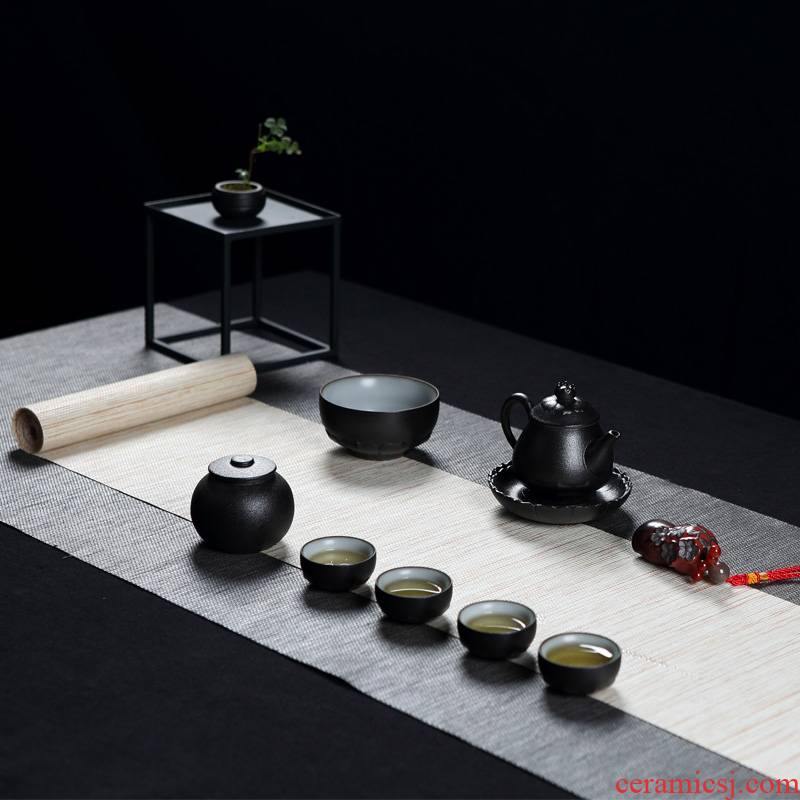 Jingdezhen kung fu tea set suit household creative retro grind arenaceous black glaze ceramic teapot small cups of tea cups