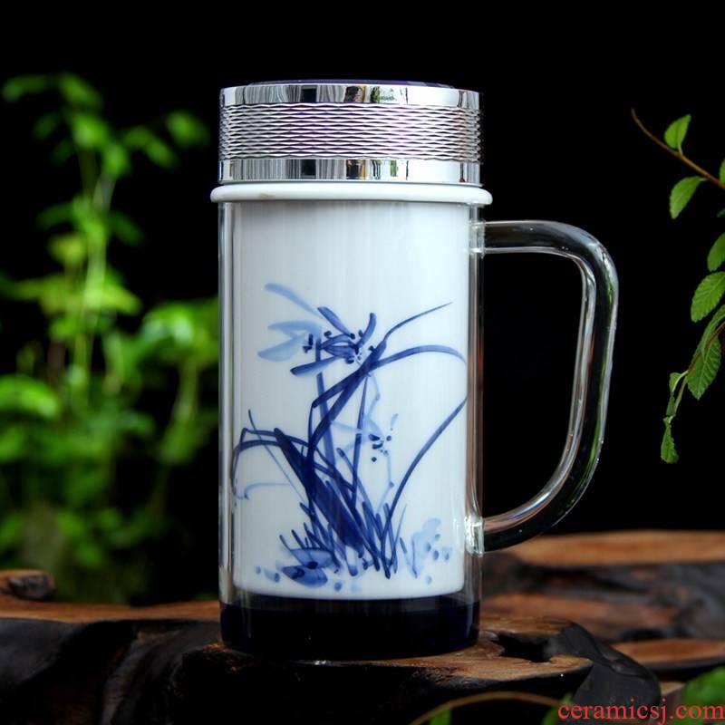Jingdezhen ceramic vacuum glass crystal cup handle cup double tank cup office of blue and white porcelain cup