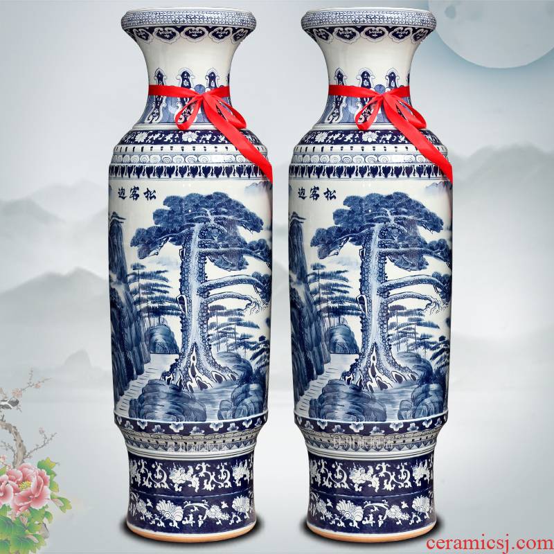 Jingdezhen blue and white antique hand - made ceramic guest - the greeting pine of large vase after classical decorative furnishing articles opening gifts