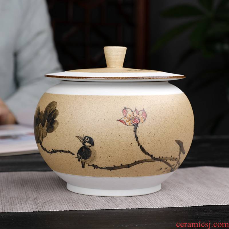 Coarse pottery hand - made ceramic painting of flowers and small tea jar half jins the loaded with cover pu - erh tea POTS with moisture storage POTS