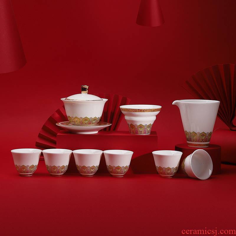 . Poly real scene dehua white porcelain kung fu tea set household Jin Yulian China high - end gift set three tureen support