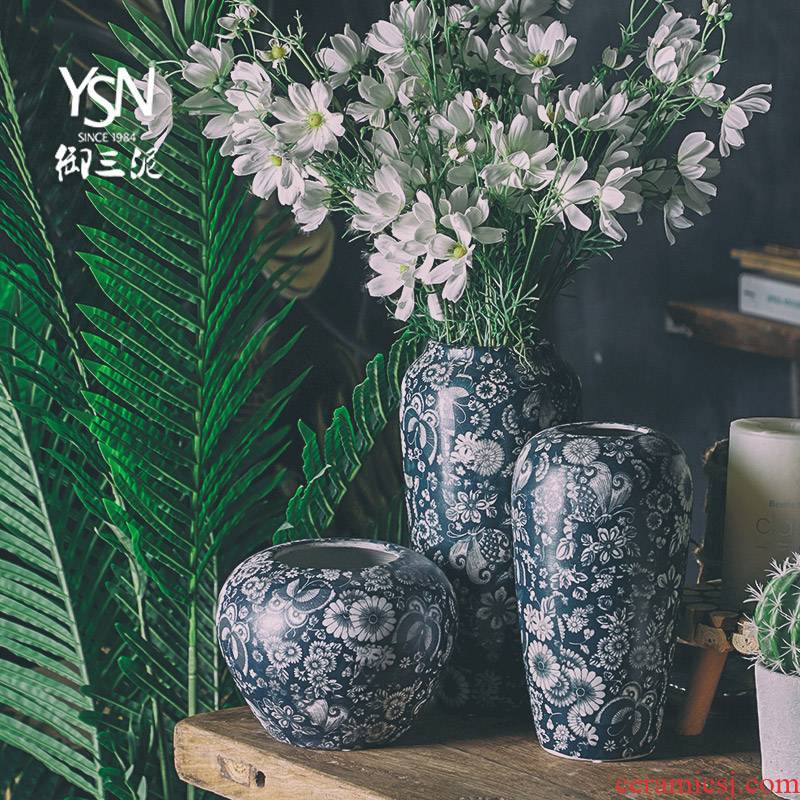 Royal blue and white vase three mud mesa of jingdezhen ceramic flower arranging furnishing articles of American new Chinese zen sitting room adornment