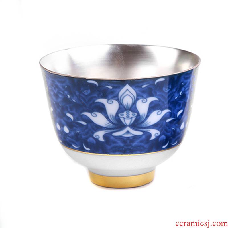 Big hat cup sample tea cup of blue and white porcelain ceramic kung fu tea tea master single building lamp cup bowl up with pure silver