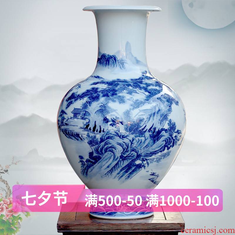 Jingdezhen blue and white landscape hand - made ceramics of large vases, archaize sitting room adornment large porcelain furnishing articles