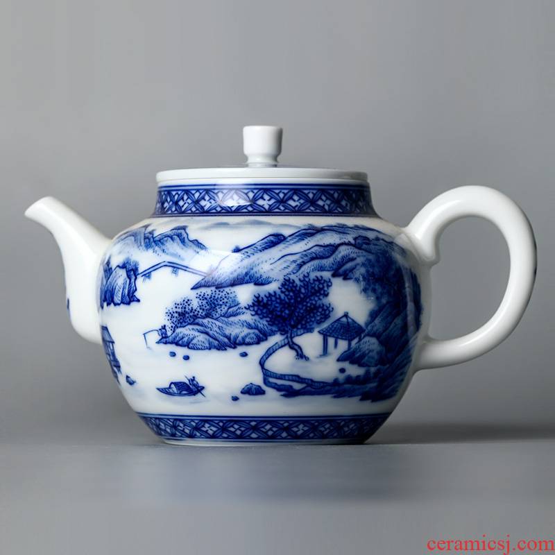 Jingdezhen checking ceramic teapot single pot of blue and white landscape Chinese teapot hand - made white porcelain ball hole, large pot