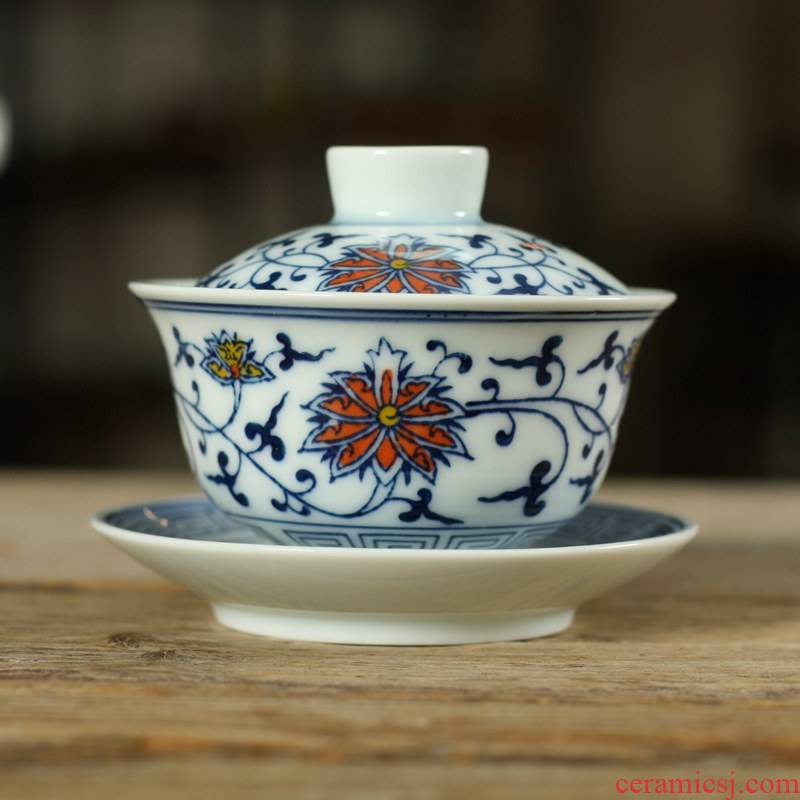 Kung fu tea set ceramic tureen small blue and white porcelain bowl with famous calligraphy hand - made tureen bucket color three bowls