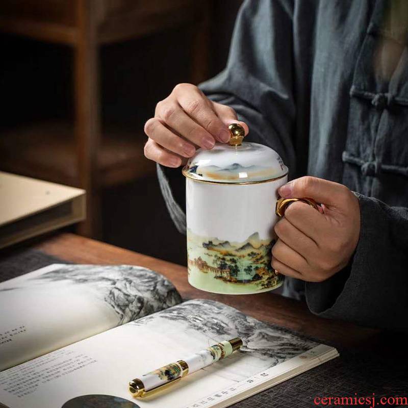 JingChen ceramic cups with cover glass, high - capacity paint glass palace restoring ancient ways of tea cups to office