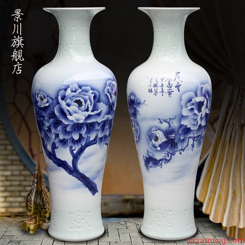 Jingdezhen porcelain ceramic blue and white peony blooming flowers, hand - made the sitting room of large vase household furnishing articles