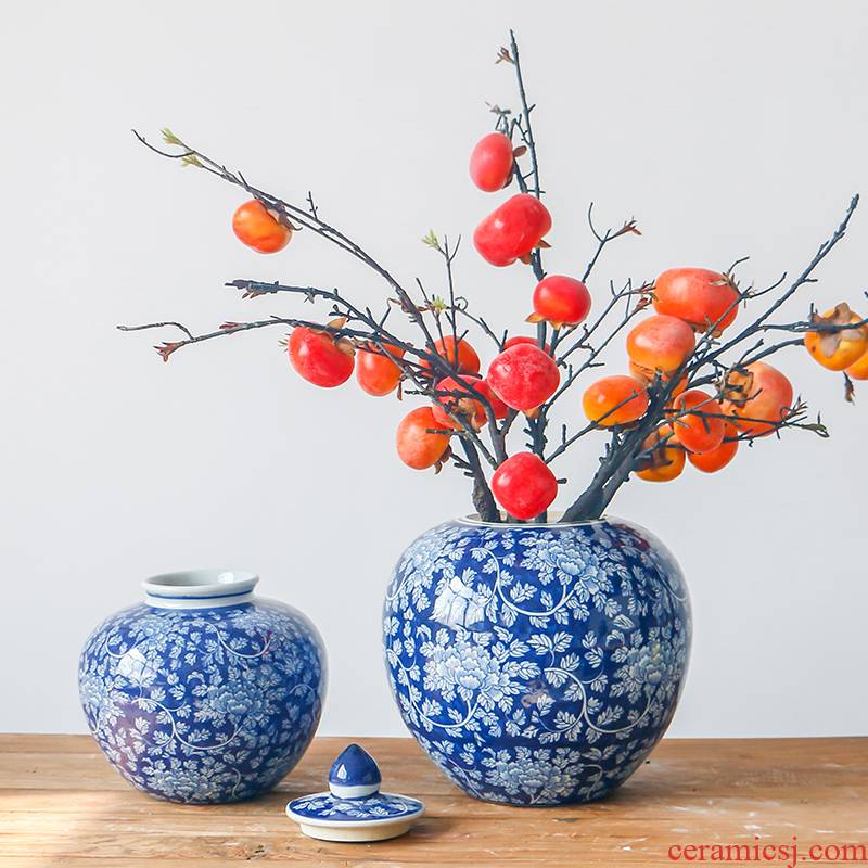 New Chinese style restoring ancient ways is the sitting room porch decorate table flower arranging flowers is blue and white storage tank with cover ceramic vase furnishing articles