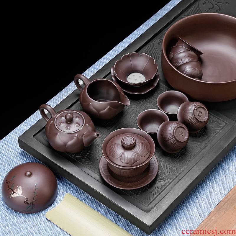 Yixing undressed ore violet arenaceous kung fu tea set 6 retro teapot household contracted tea cup office gift box