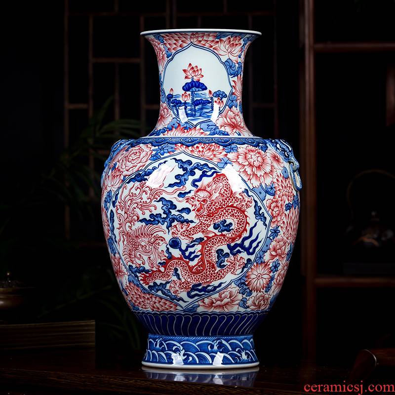 Porcelain of jingdezhen ceramics hand - made youligong red dragon grain of blue and white Porcelain vase big new Chinese style household ornaments