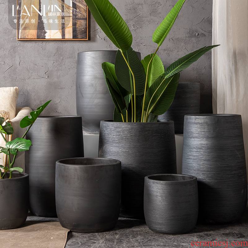 Nordic jingdezhen ceramic big flowerpot furnishing articles I and contracted sitting room green plant flower adornment black floor vase